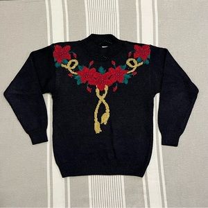 Vintage knit Christmas sweater beaded poinsettias black size Med tacky sweater